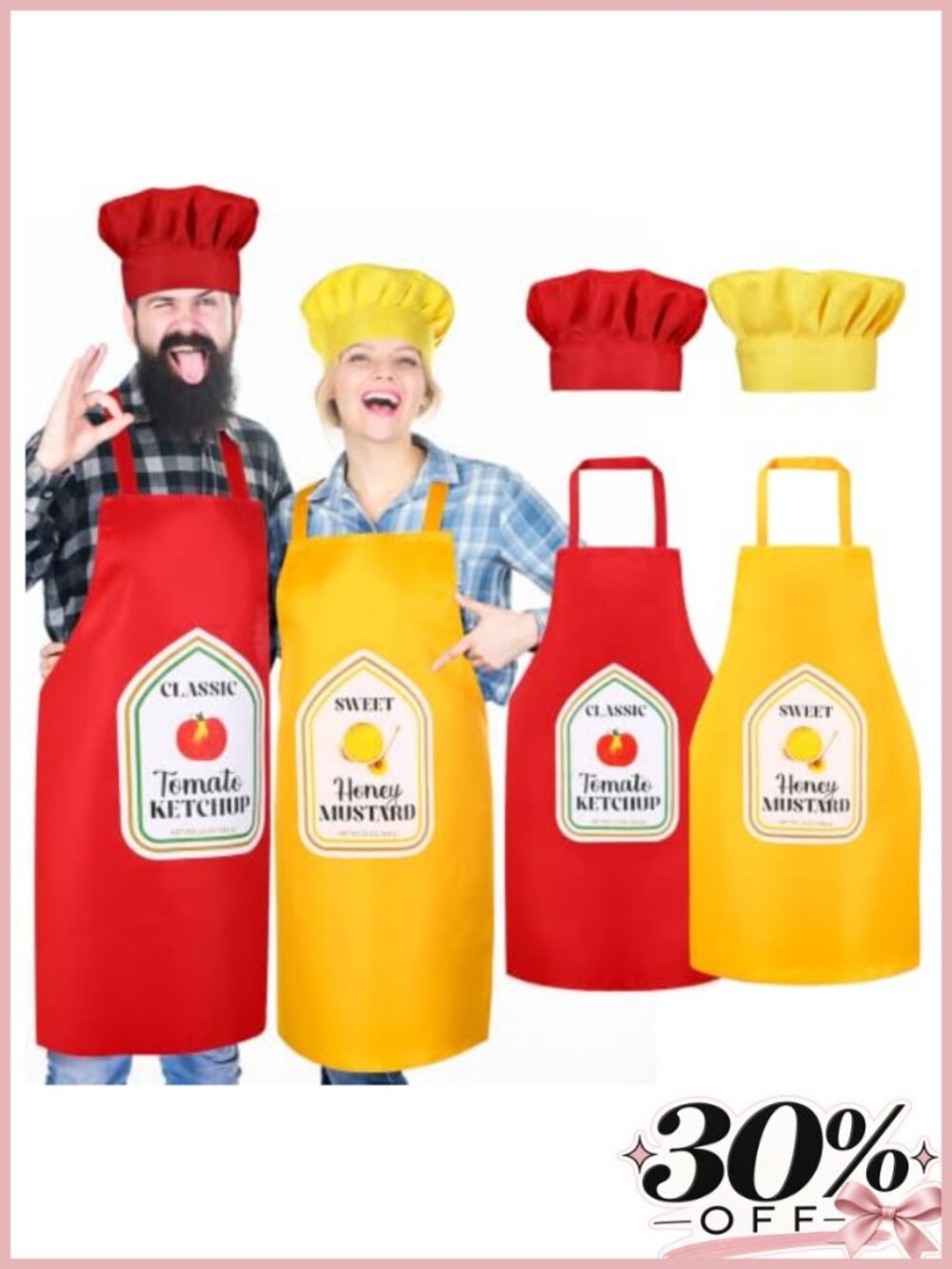 Ketchup Mustard Couples Halloween Costume 4 Pc Polyester Aprons Chef Hats